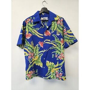 Hilo Hattie‎ Shirt Mens Medium Blue Hawaiian Floral Button Up Short Sleeve Aloha